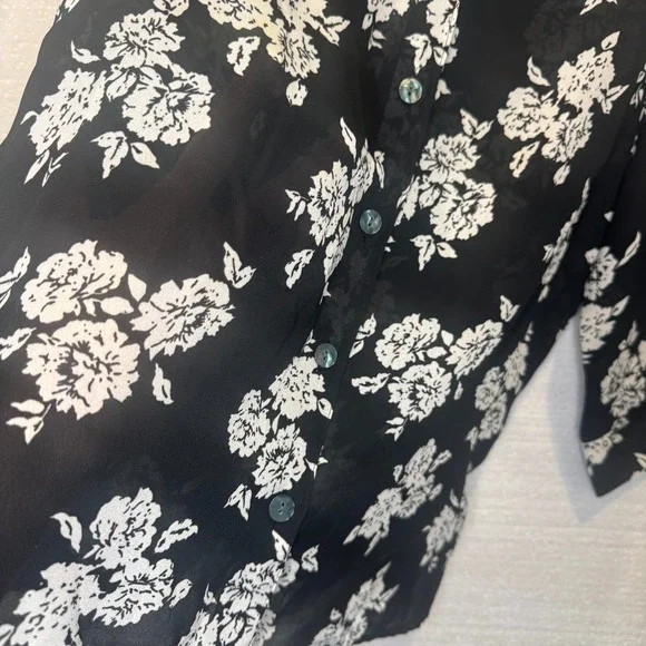 Vintage Kathy Che Black White Floral‎ Print Button Up Shirt Blouse Top Size S - Picture 5 of 10